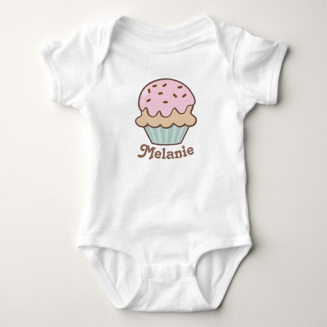 Cute Pink Frosting Cupcake Personalised Baby Bodysuit (Front)