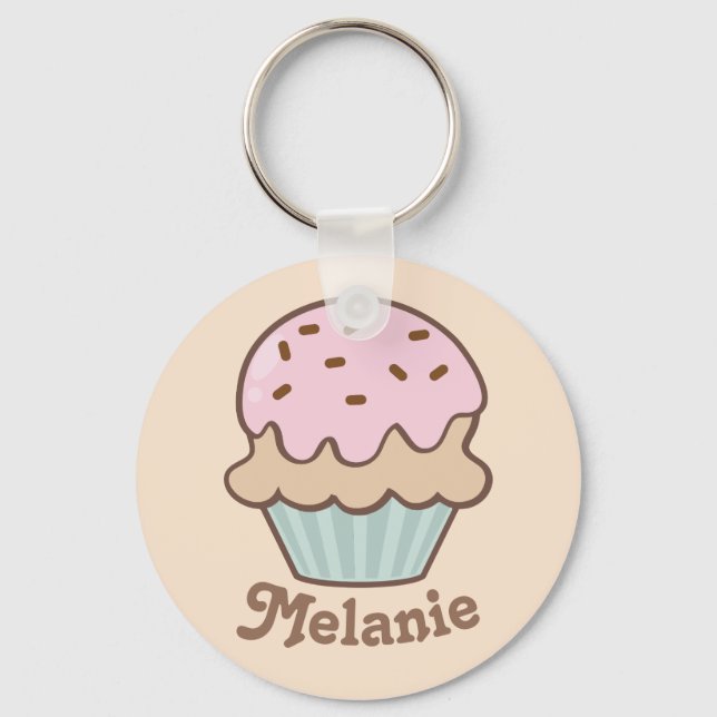Cute Pink Frosting Cupcake Personalised Keychain (Front)