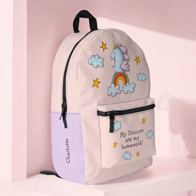 Cute Pink Funny Unicorn Ate My Homework Printed Backpack (Creator Uploaded)