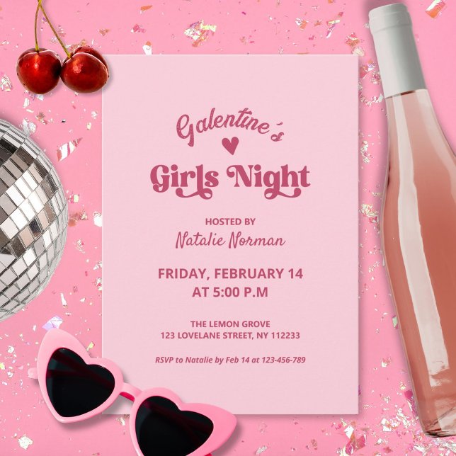 Cute Pink Galentine's Girls Night Party Invitation (galentines day girls night out pink girly retro invitation )