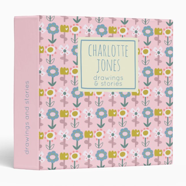 Cute Pink Garden Flowers Personalized Name 3 Ring Binder (Front/Spine)