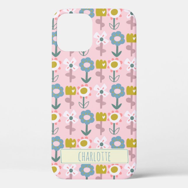 Cute Pink Garden Flowers Personalized Name Case-Mate iPhone Case (Back)