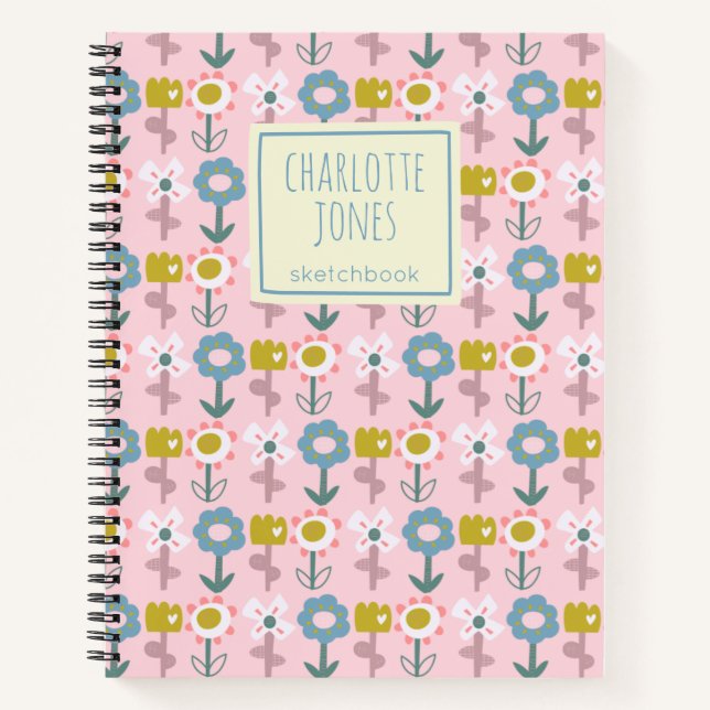 Cute Pink Garden Flowers Personalized Sketchbook Notebook (Front)