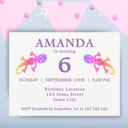 Cute Pink Gecko Girls Birthday Party Invitation Postcard