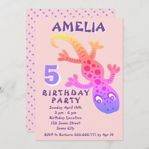 Cute Pink Gecko Lizard Girls Birthday Party Invita Invitation