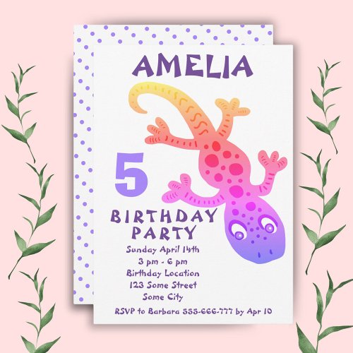Cute Pink Gecko Lizard Girls Birthday Party Invita Invitation