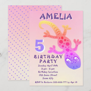 Cute Pink Gecko Lizard Girls Birthday Party Invita Invitation