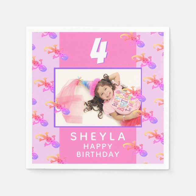Cute Pink Gecko Lizard Kid`s Birthday Party Photo Napkins (Front)