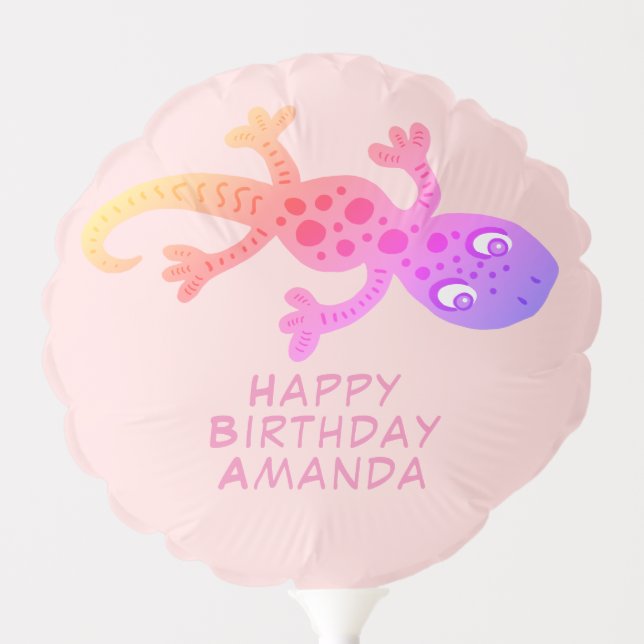 Cute Pink Gecko Lizard Rainbow Girls Birthday Balloon (Front)