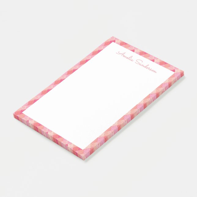 Cute Pink Geometric Border Personalized Script Post-it Notes (Angled)