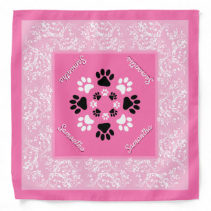 Cute Pink Geometric Paw Prints with Name Bandana