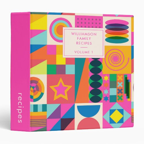 Cute Pink Geometric Personalized Recipe Cookbook 3 Ring Binder