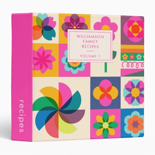 Cute Pink Geometry Floral Custom Recipe Cookbook 3 Ring Binder