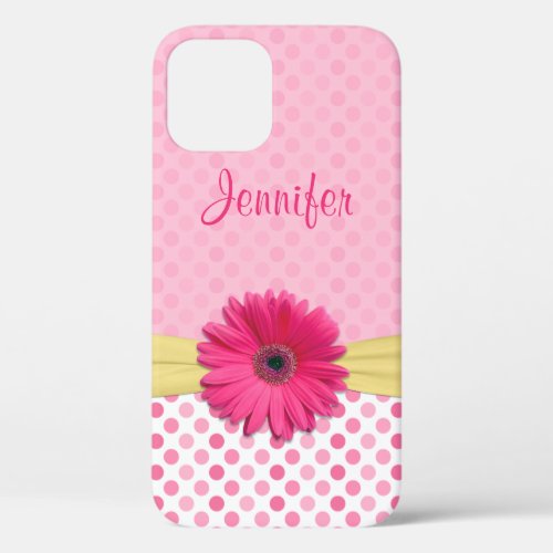Cute Pink Gerbera Daisy Polka Dot iPhone 12 Case
