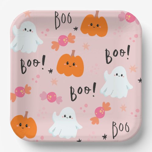 Cute Pink Ghost and Pumpkin Halloween Paper Plates