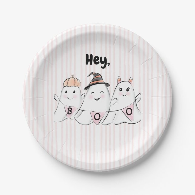 Cute Pink Ghost Boos Halloween Paper Plates (Front)