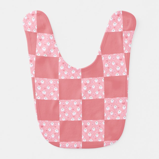 Cute Pink Ghost Checkerboard Halloween Baby Bib (Front)