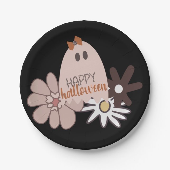 Cute Pink Ghost Floral Halloween Paper Plates (Front)