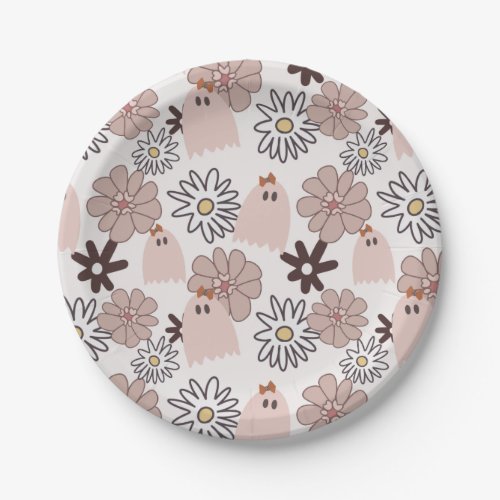 Cute Pink Ghost Floral Halloween Pattern Paper Plates