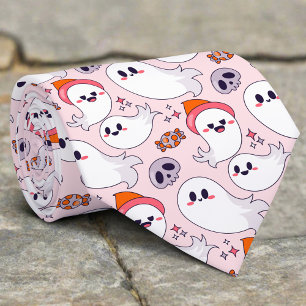 Cute Pink Ghost Funny Halloween Candy And Skull Neck Tie