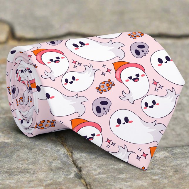 Cute Pink Ghost Funny Halloween Candy And Skull Neck Tie (Creator Uploaded)