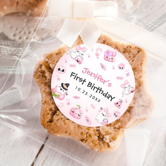 Cute Pink Ghost Halloween 1st Birthday Classic Round Sticker (Creator Uploaded)