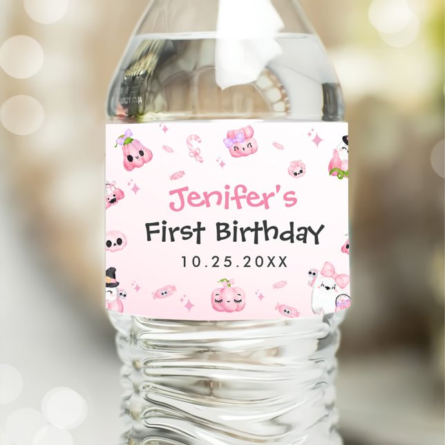 Cute Pink Ghost Halloween 1st Birthday Water Bottle Label (Creator Uploaded)