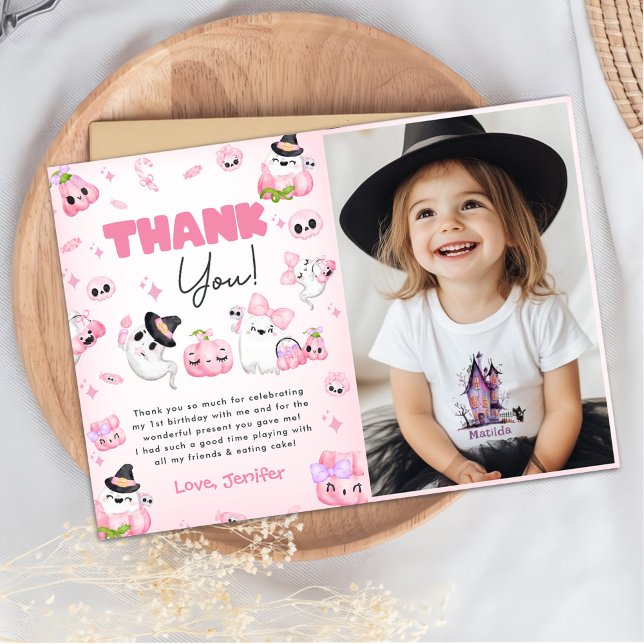 Cute Pink Ghost Halloween Birthday Photo Thank You Card (Creator Uploaded)