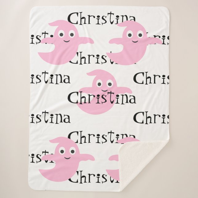 Cute Pink Ghost Halloween Blanket with Name (Front)