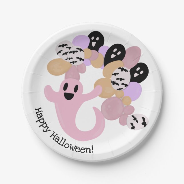 Cute Pink Ghost Kids Happy Halloween  Paper Plates (Front)