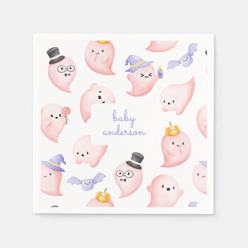 Cute Pink Ghost  Little Pumpkin Baby Shower Napkins