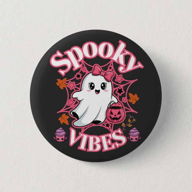 Cute Pink Ghost Spooky Vibes Art Button (Front)