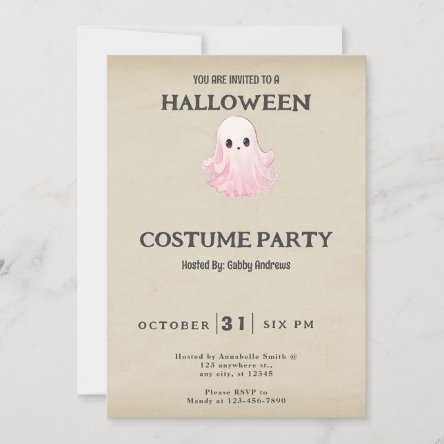 Cute Pink Ghost Vintage Halloween Costume Invitation (Front)
