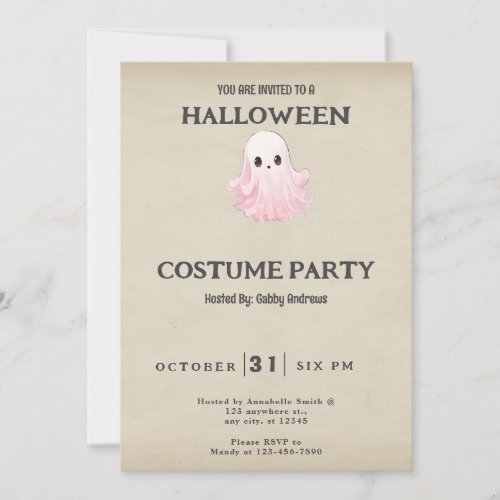 Cute Pink Ghost Vintage Halloween Costume Invitation