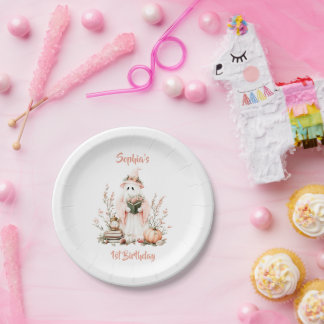 Cute Pink Ghost with Roses and Pumpkin Halloween Paper Plates