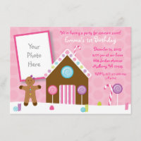 Cute Pink Gingerbread 1st Birthday Invitation