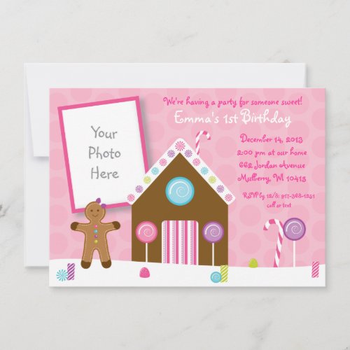 Cute Pink Gingerbread 1st Birthday Invitation