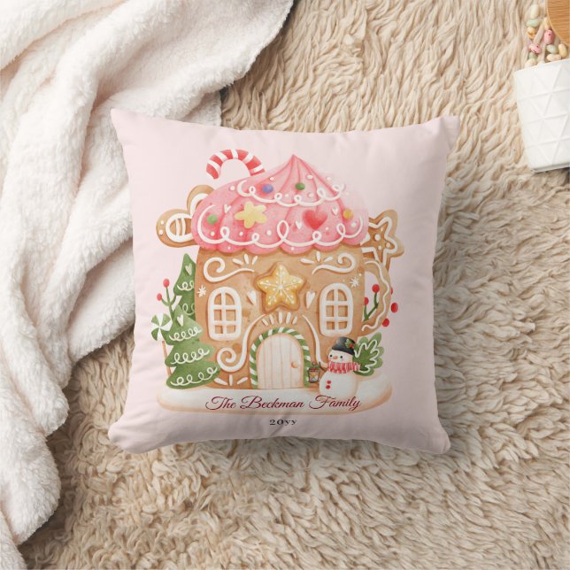 Cute Pink Gingerbread House Family Name Throw Pillow (Blanket)