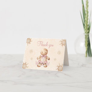 Cute Pink Gingerbread Man Christmas Baby Shower Letterpress Thank You Card