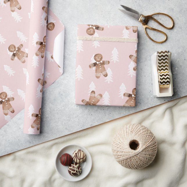 Cute Pink Gingerbread Man Christmas Tree Holiday Wrapping Paper (Crafts)