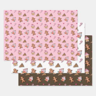 Cute Pink Gingerbread Man Cookies, Houses Wrapping Paper Sheets