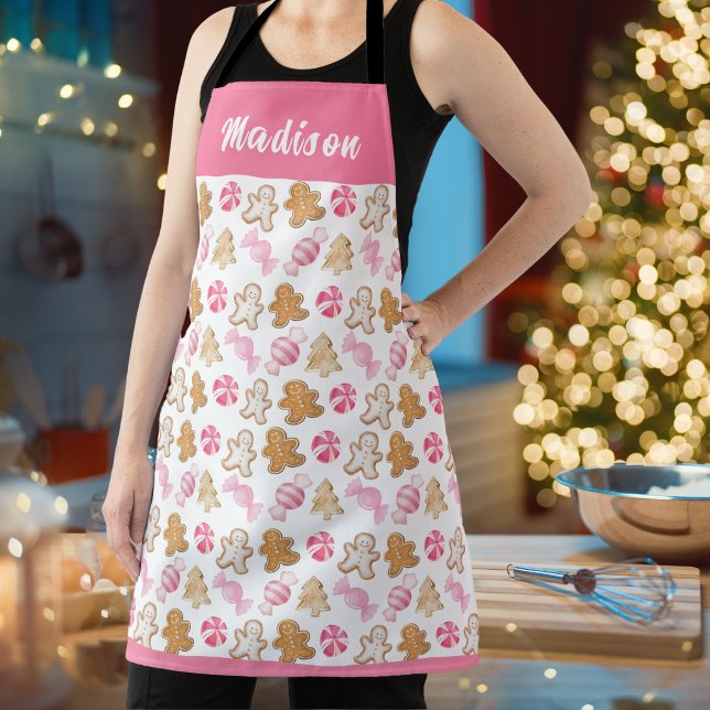 Cute Pink Gingerbread Pattern Personalized Baking Apron (Creator Uploaded)