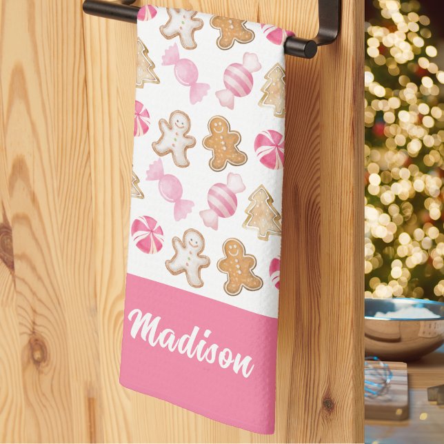 Cute Pink Gingerbread Pattern Personalized Baking  Kitchen Towel (Creator Uploaded)