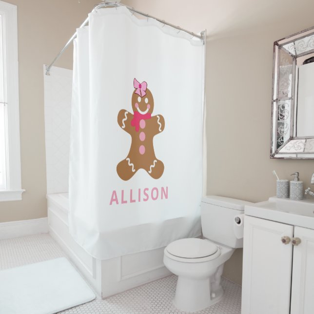Cute Pink Gingerbread Personalized Kids Shower Curtain (In Situ)