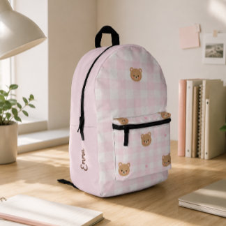 Cute Pink Gingham Bear Girl School Personalized Printed Backpack