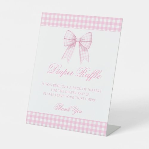 Cute pink gingham bow baby girl diaper raffle pedestal sign