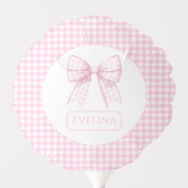 Cute pink gingham bow ribbon baby girl balloon (Front)