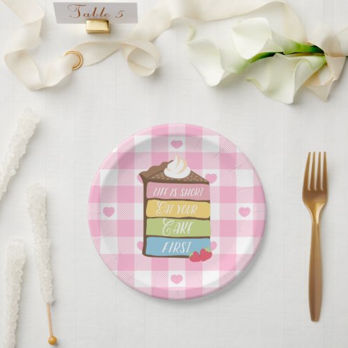 Cute Pink Gingham Eat Cake First Paper Plates