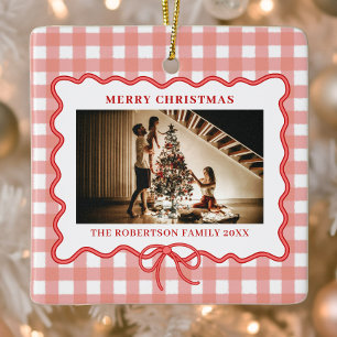 Cute Pink Gingham Family Photo Christmas Ceramic Ornament