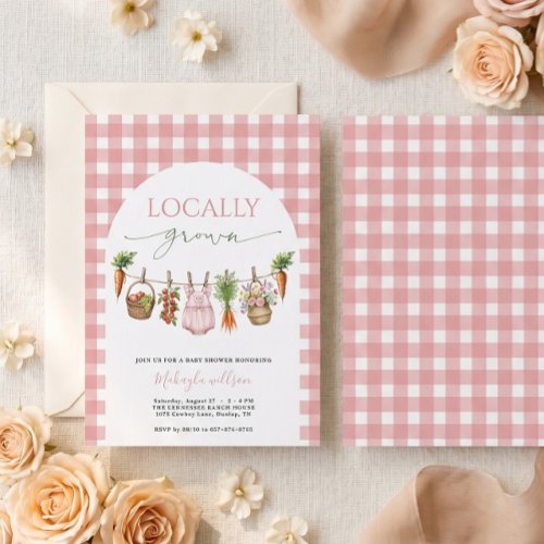 Cute Pink Gingham Locally Grown Garden Baby shower Invitation